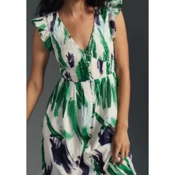 Anthropologie Midi Dress Womens Medium The Peregrine Green Blue Tiered - Picture 8 of 16